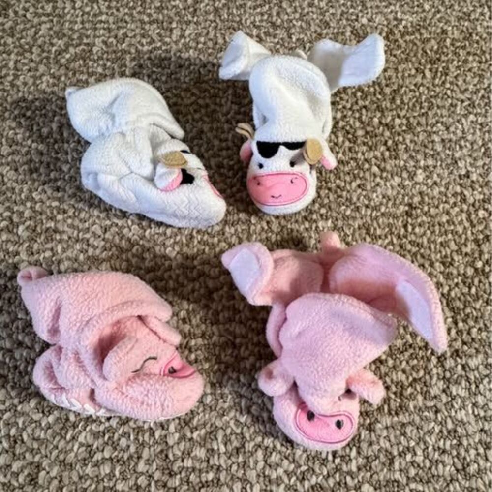 Baby Girl Booties Lot 2 Pairs Cow Pig Animal 0-6 Months Non-Slip Plush